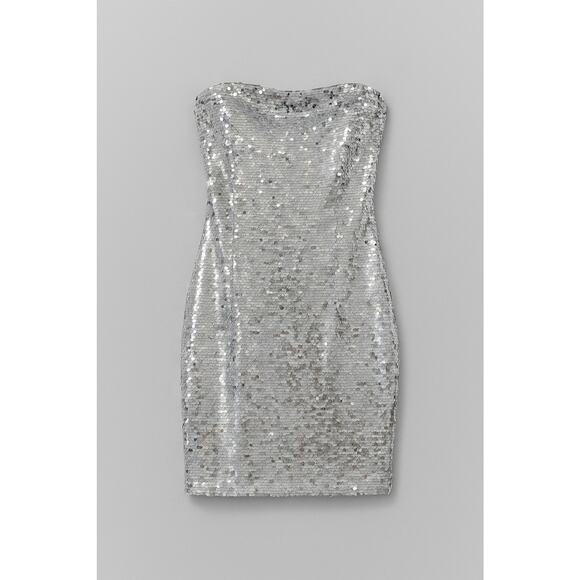 GB Silver Sequin Strapless Bodycon Mini Dress Size L Party Club Night Out Glam - Picture 1 of 9